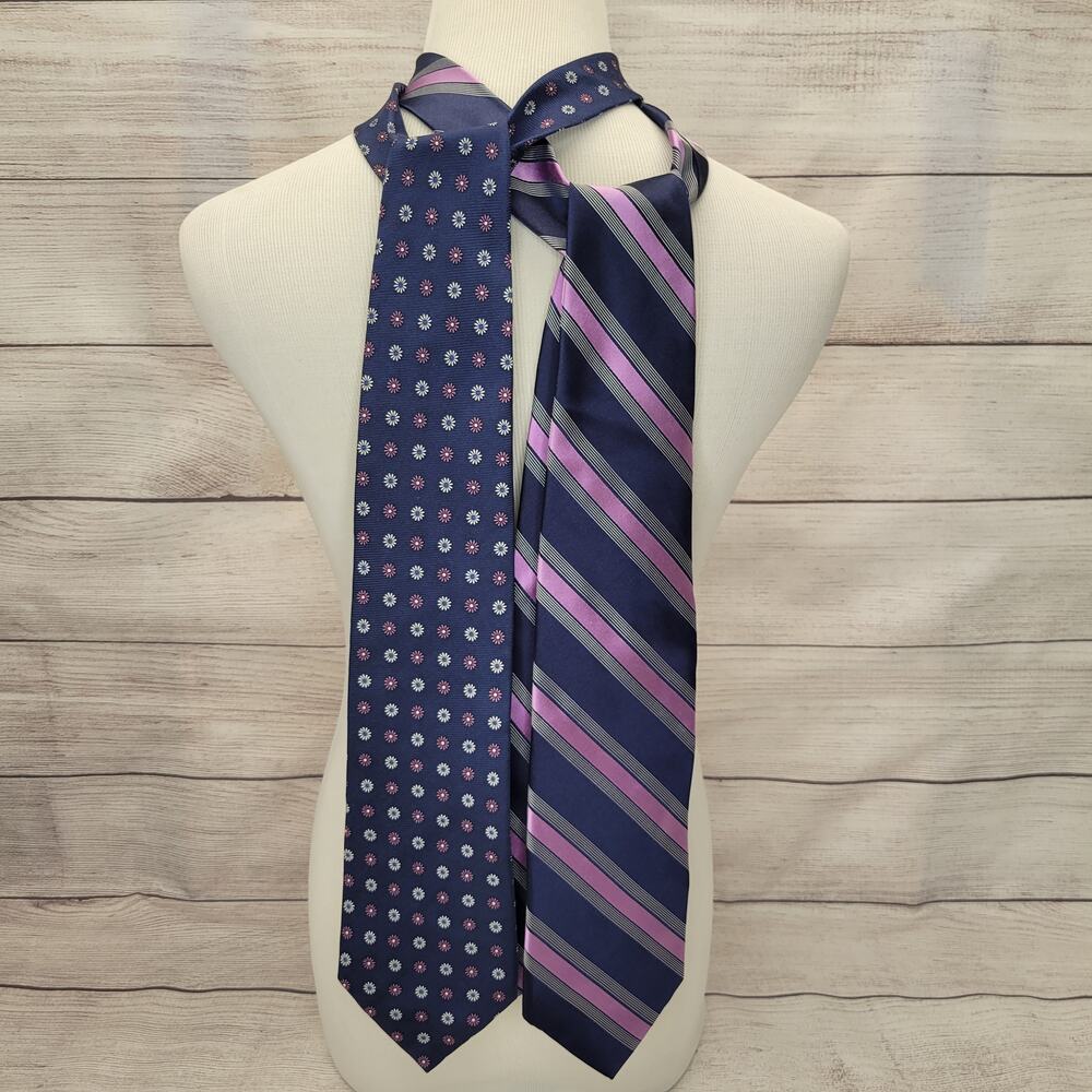 Grant Thomas Lot of 2 Neck Ties Navy, Gray, Purple Prints